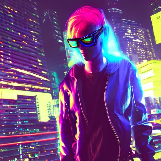 Cyberpunk cyber hacker in the neon city at midnight